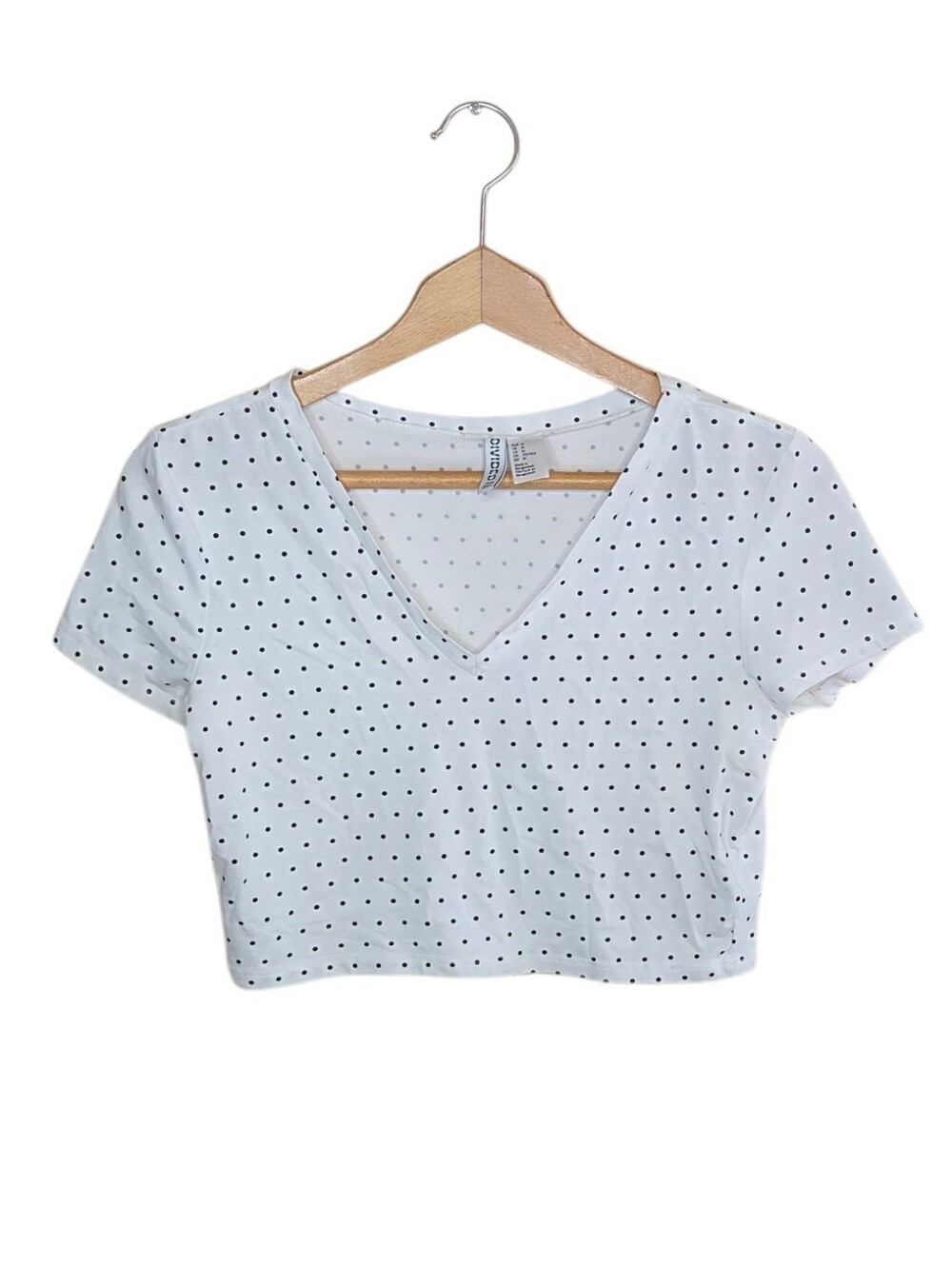 H&M Divided Black White Polka Dot Cropped V-neck Short Sleeve Tee Size Medium